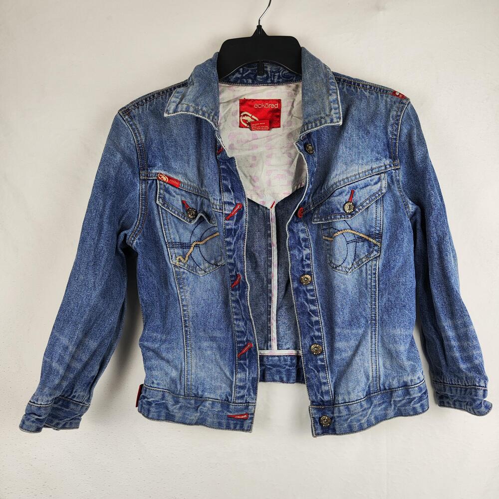 Ecko Red Denim Jacket Womens Medium Blue Trucker Button Front Logo Embroidered